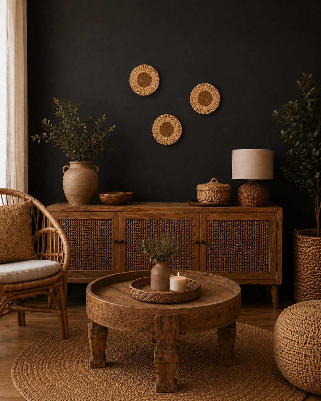 Décoration murale ronde en fibres naturelles Ø37 cm – Style bohème