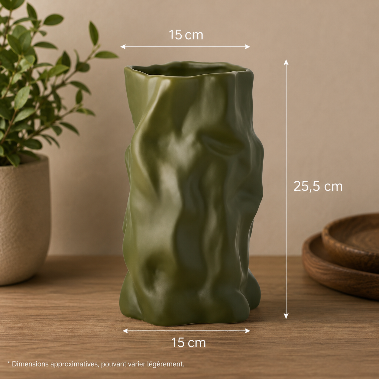 Vase décoratif en céramique texturée – Vert olive | Style bohème naturel