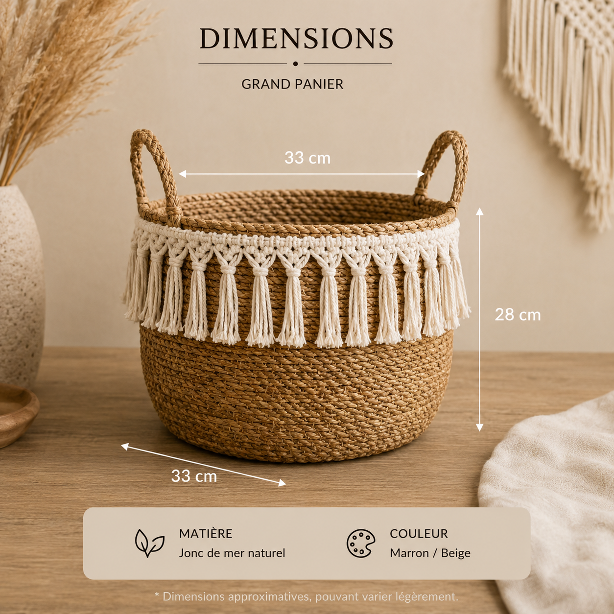 Set de 3 paniers en jonc de mer avec franges macramé – Style bohème naturel