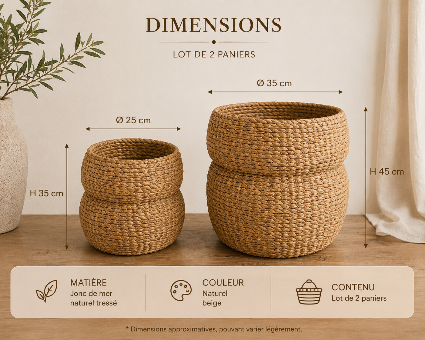 Set de 2 paniers en jonc de mer rond naturel – Esprit bohème