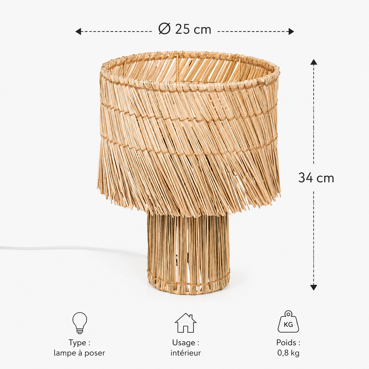 Lampe de table en fibres naturelles tressées – Abat-jour bohème chic Ø25 cm