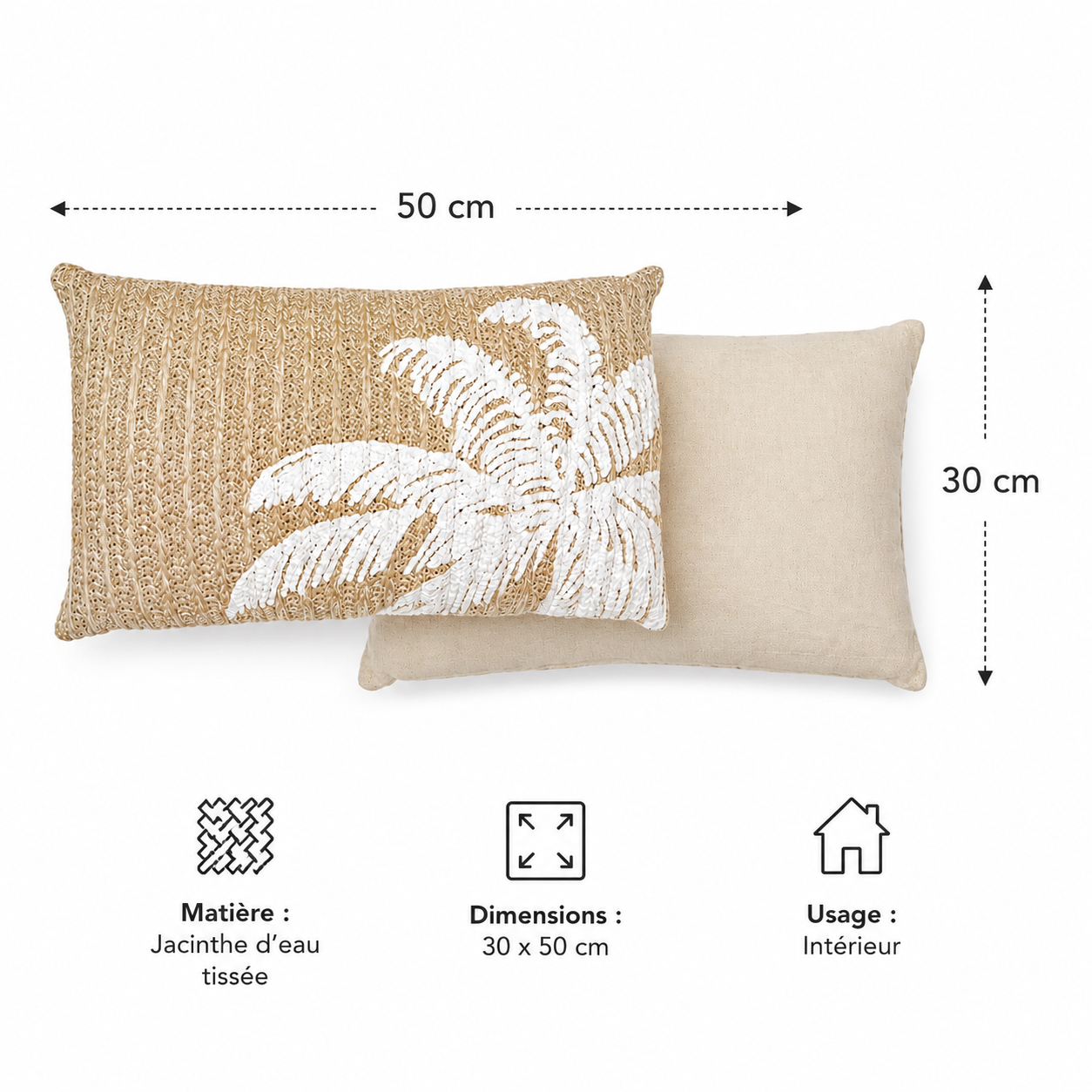 Housse de coussin jacinthe d’eau tissée motif feuille bohème 30x50 cm