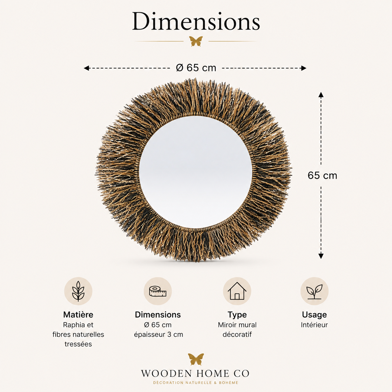 Miroir soleil fibres naturelles décoration murale bohème 65 cm