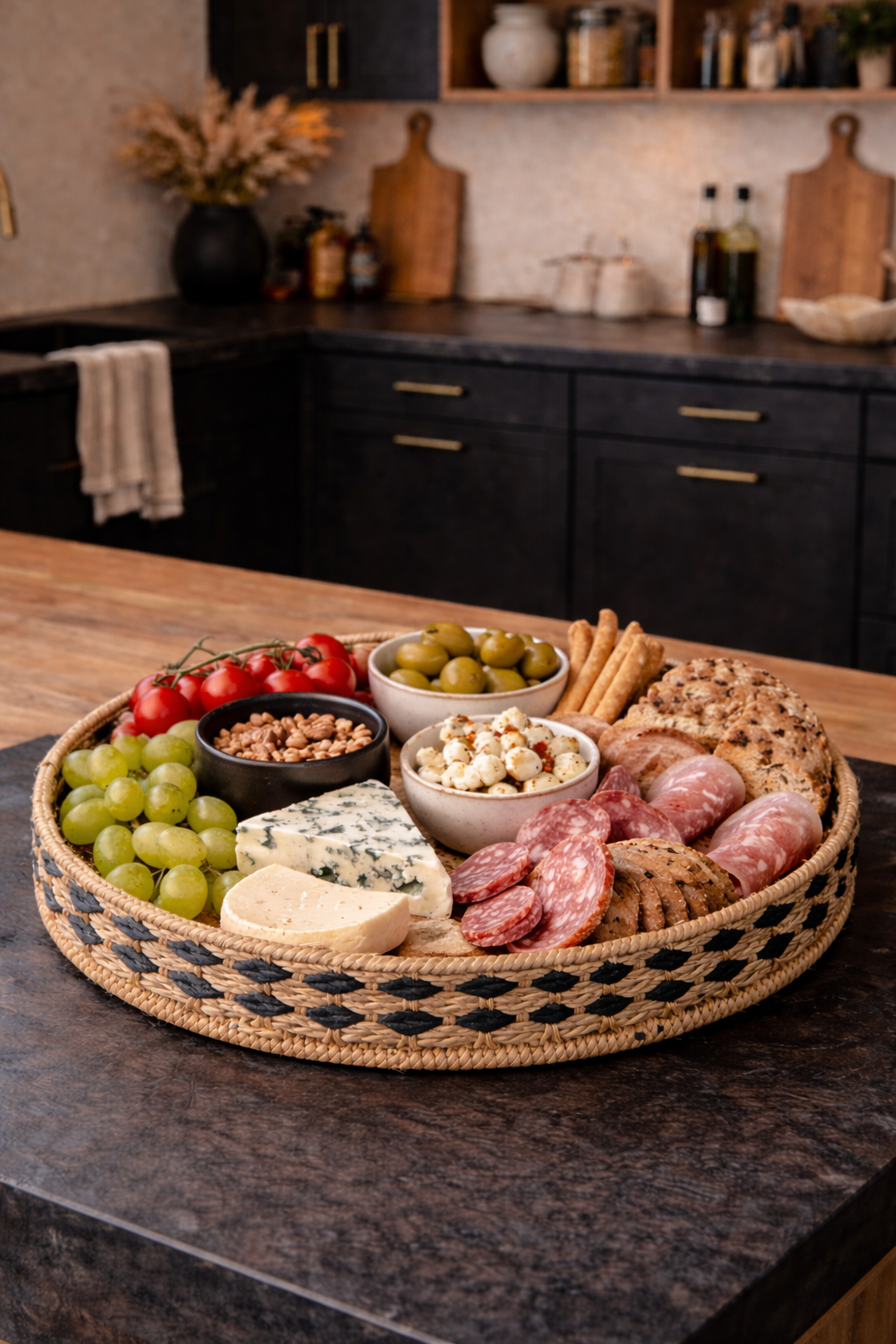 Plateau rond en jonc de mer noir & naturel – Style bohème chic
