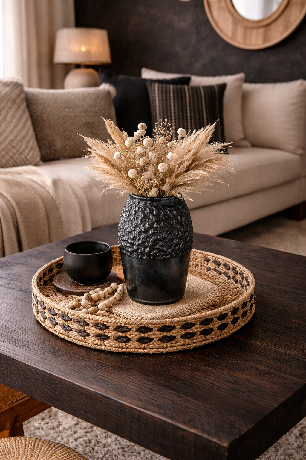 Plateau rond en jonc de mer noir & naturel – Style bohème chic