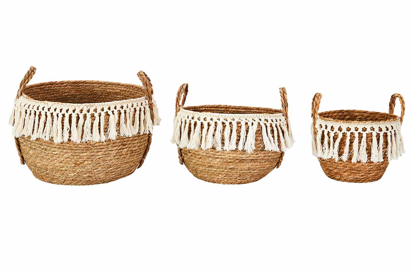 Set de 3 paniers en jonc de mer avec franges – Déco bohème naturelle