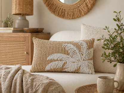 Coussin en jacinthe naturel motif feuille – Déco bohème chic