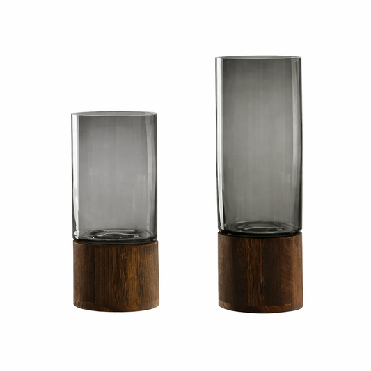 Vase en verre fumé avec base en bois