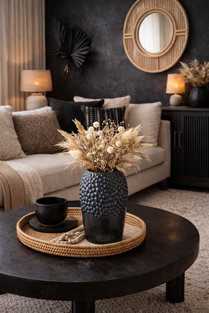 Vase en verre gris foncé texturé – Élégance moderne & bohème