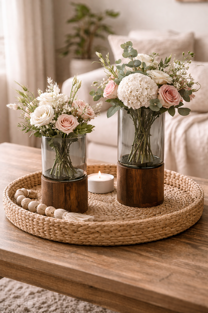 Vase en verre fumé avec base en bois