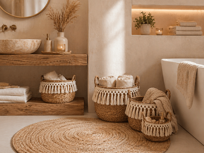 Set de 3 paniers en jonc de mer avec franges – Déco bohème naturelle
