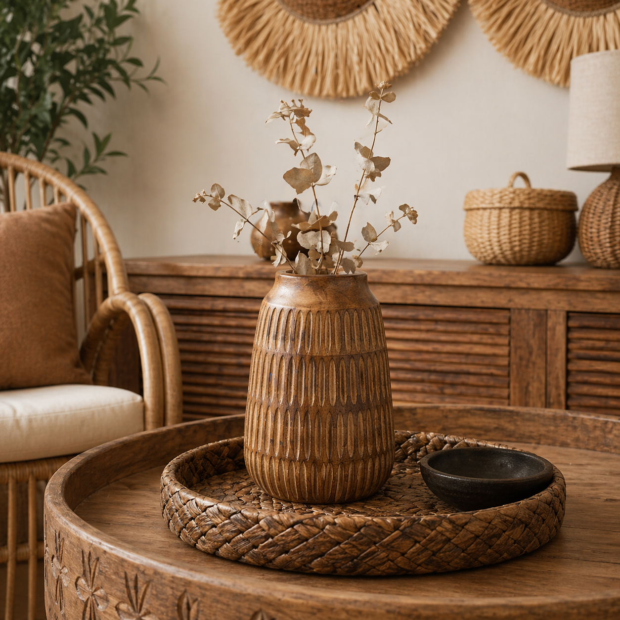 Vase en bois sculpté – Style bohème naturel