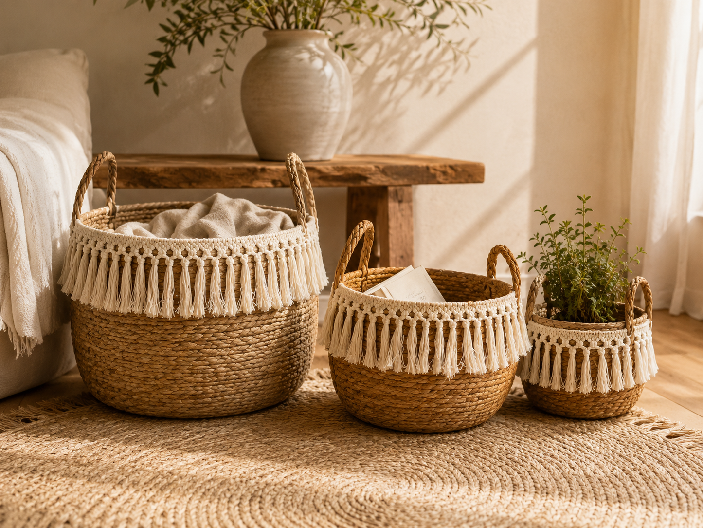 Set de 3 paniers en jonc de mer avec franges macramé – Style bohème naturel
