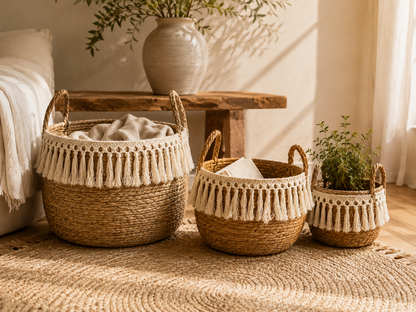 Set de 3 paniers en jonc de mer avec franges macramé – Style bohème naturel