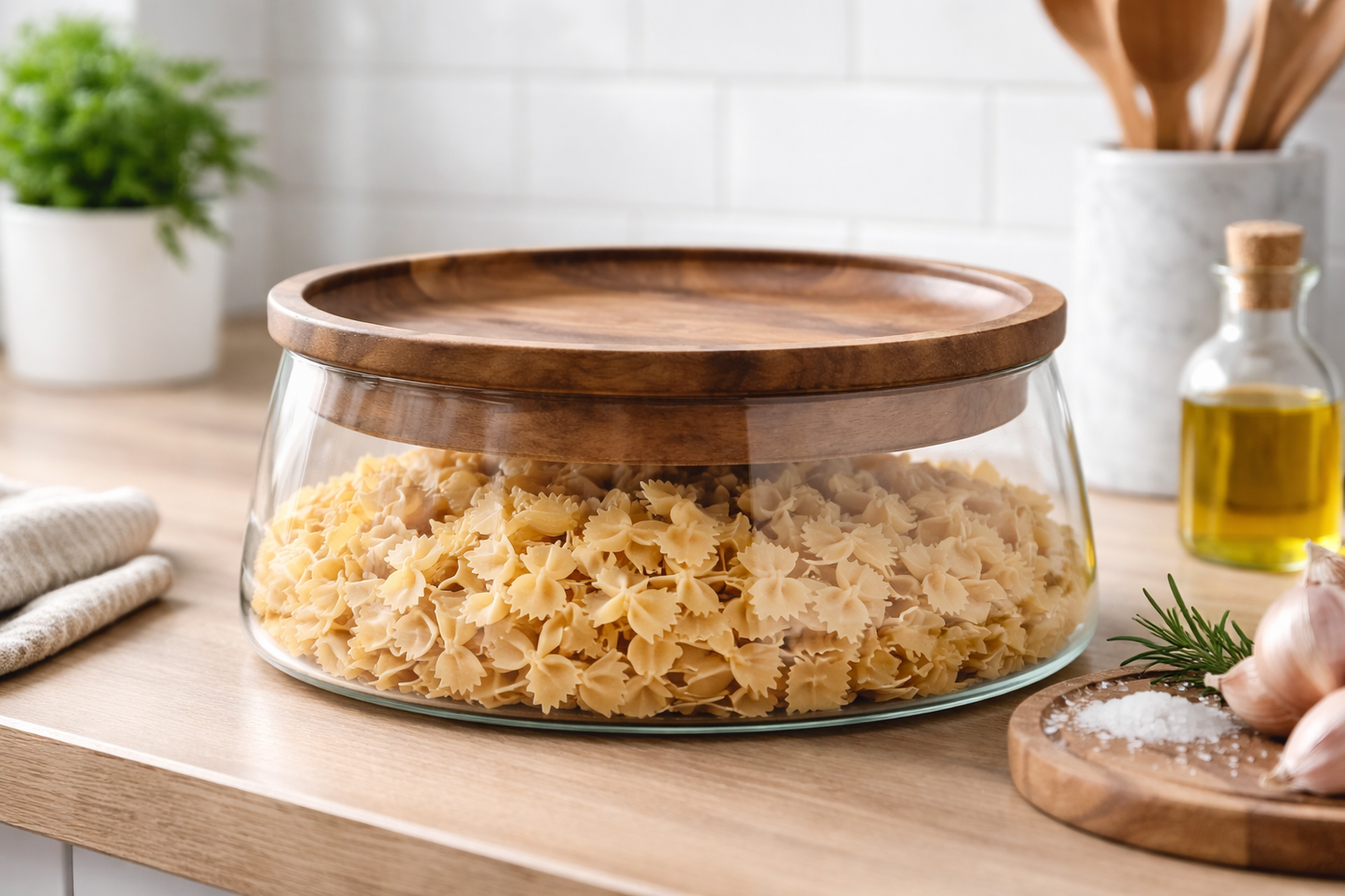 Boîte de rangement en verre avec couvercle en bois