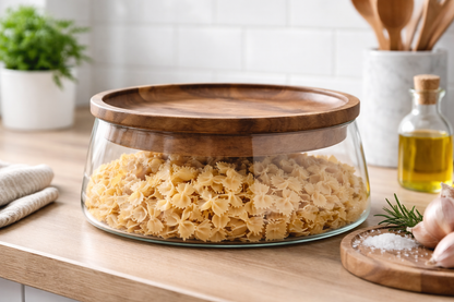 Boîte de rangement en verre avec couvercle en bois