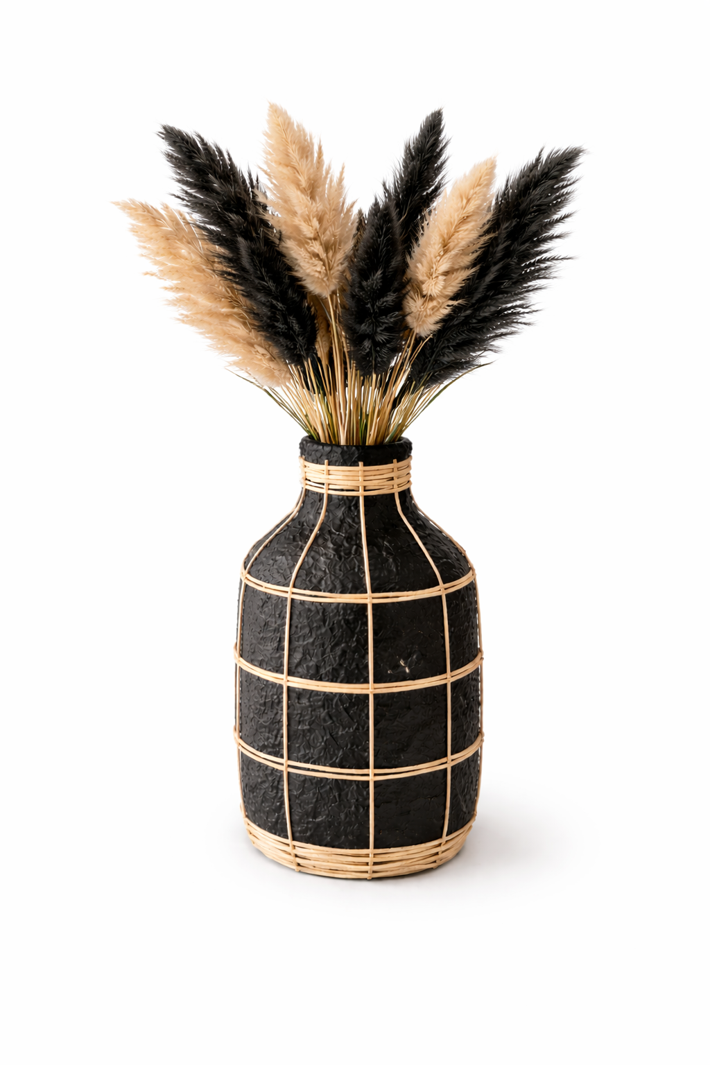 Vase Décoratif en Terre Cuite & Rotin – Style Bohème Noir & Naturel