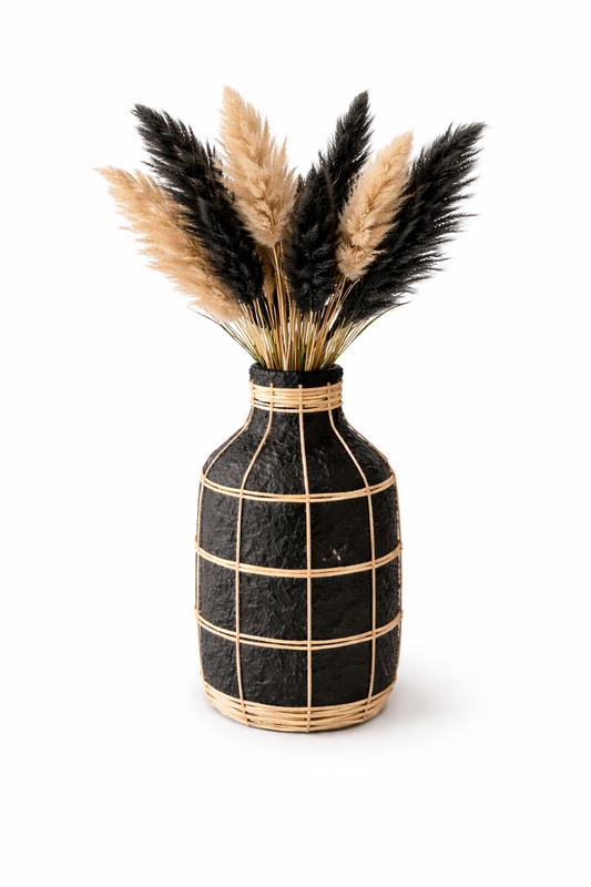 Vase Décoratif en Terre Cuite & Rotin – Style Bohème Noir & Naturel