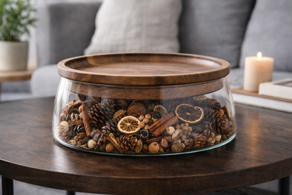 Boîte de rangement en verre avec couvercle en bois
