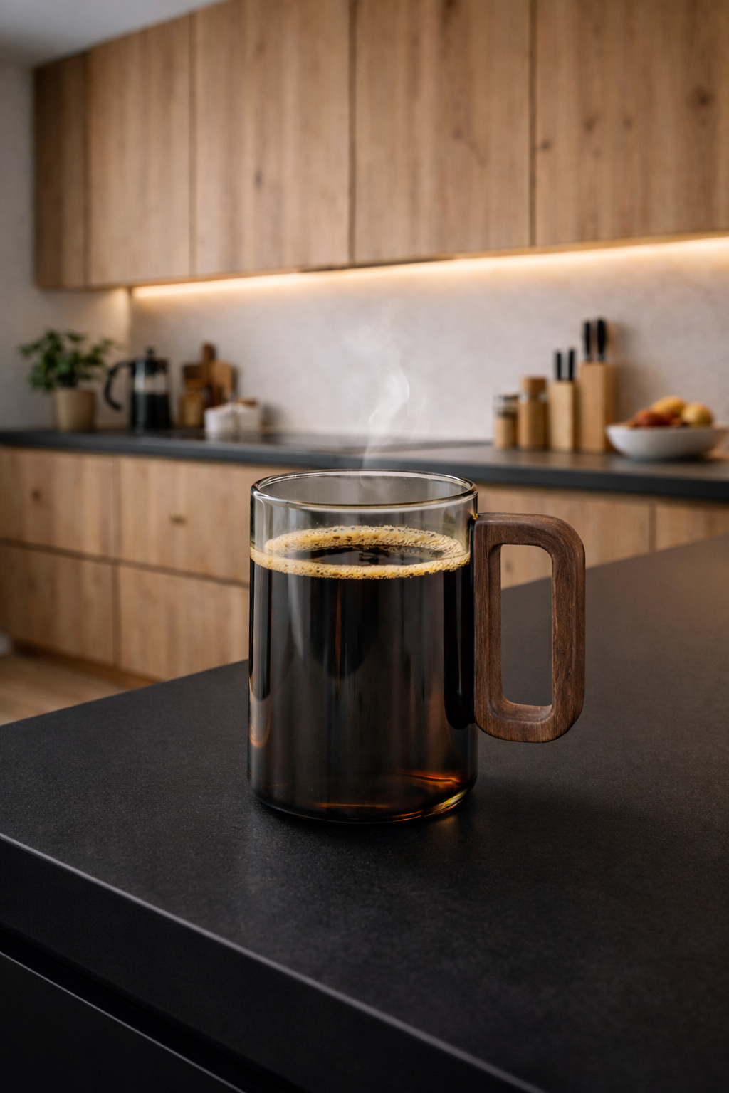 Tasse à café en verre borosilicate avec anse en bois – 360 ml