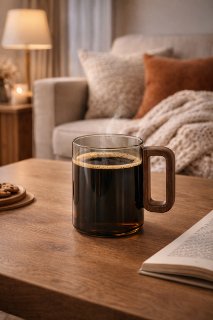 Tasse à café en verre borosilicate avec anse en bois – 360 ml