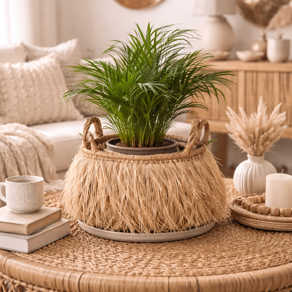 Panier Bohème en Feuilles de Bananier & Raphia – Cache-pot Décoratif