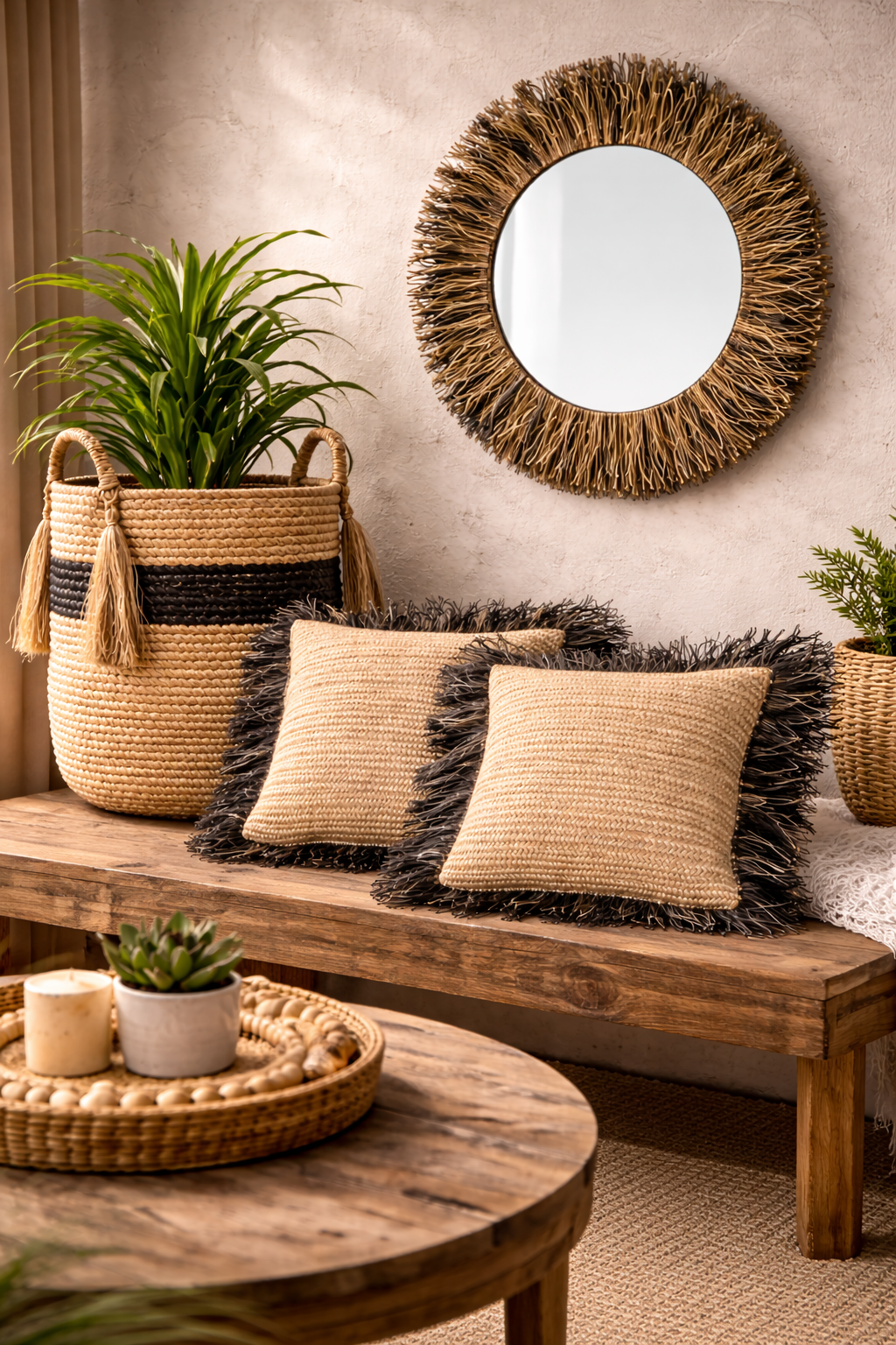 Coussin Bohème en Raphia Tissé Main – Housse Décorative 40x40 cm