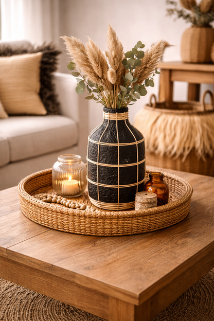 Vase Décoratif en Terre Cuite & Rotin – Style Bohème Noir & Naturel