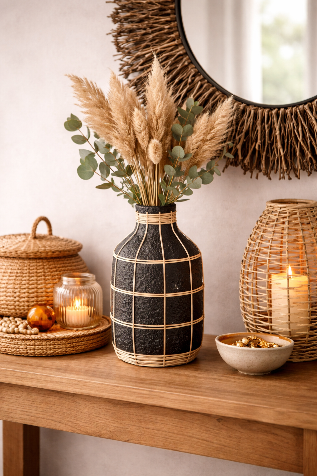 Vase Décoratif en Terre Cuite & Rotin – Style Bohème Noir & Naturel