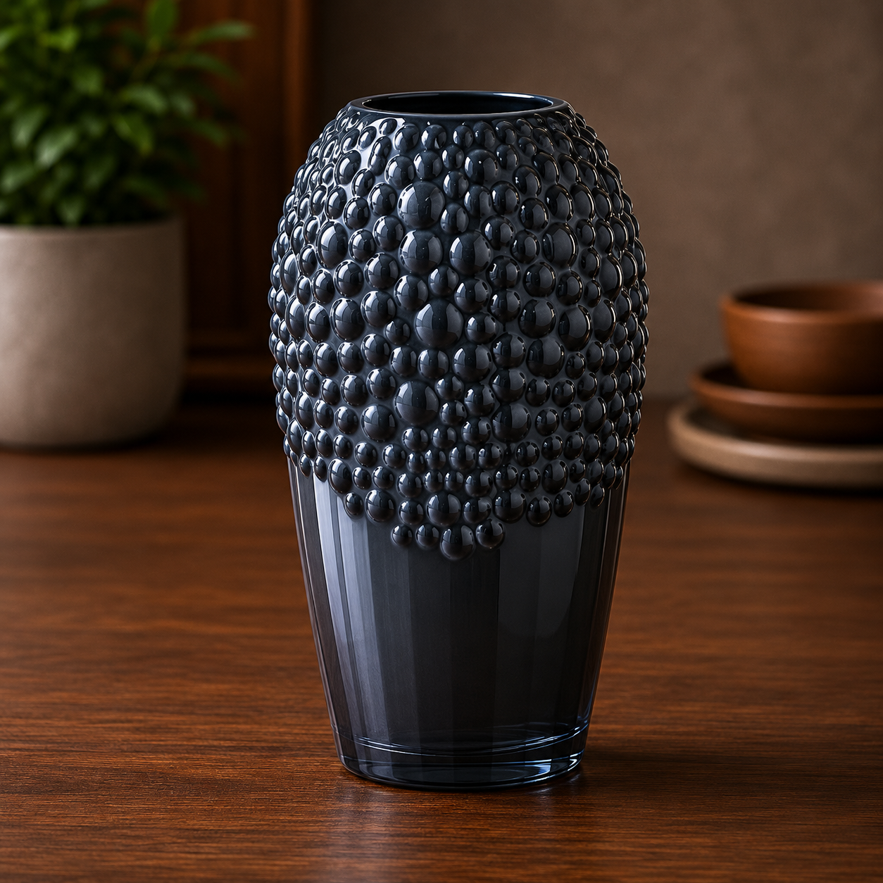 Vase en verre gris foncé texturé – Élégance moderne & bohème