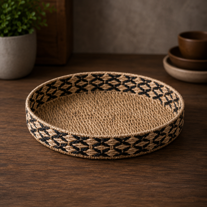 Plateau rond en jonc de mer noir & naturel – Style bohème chic