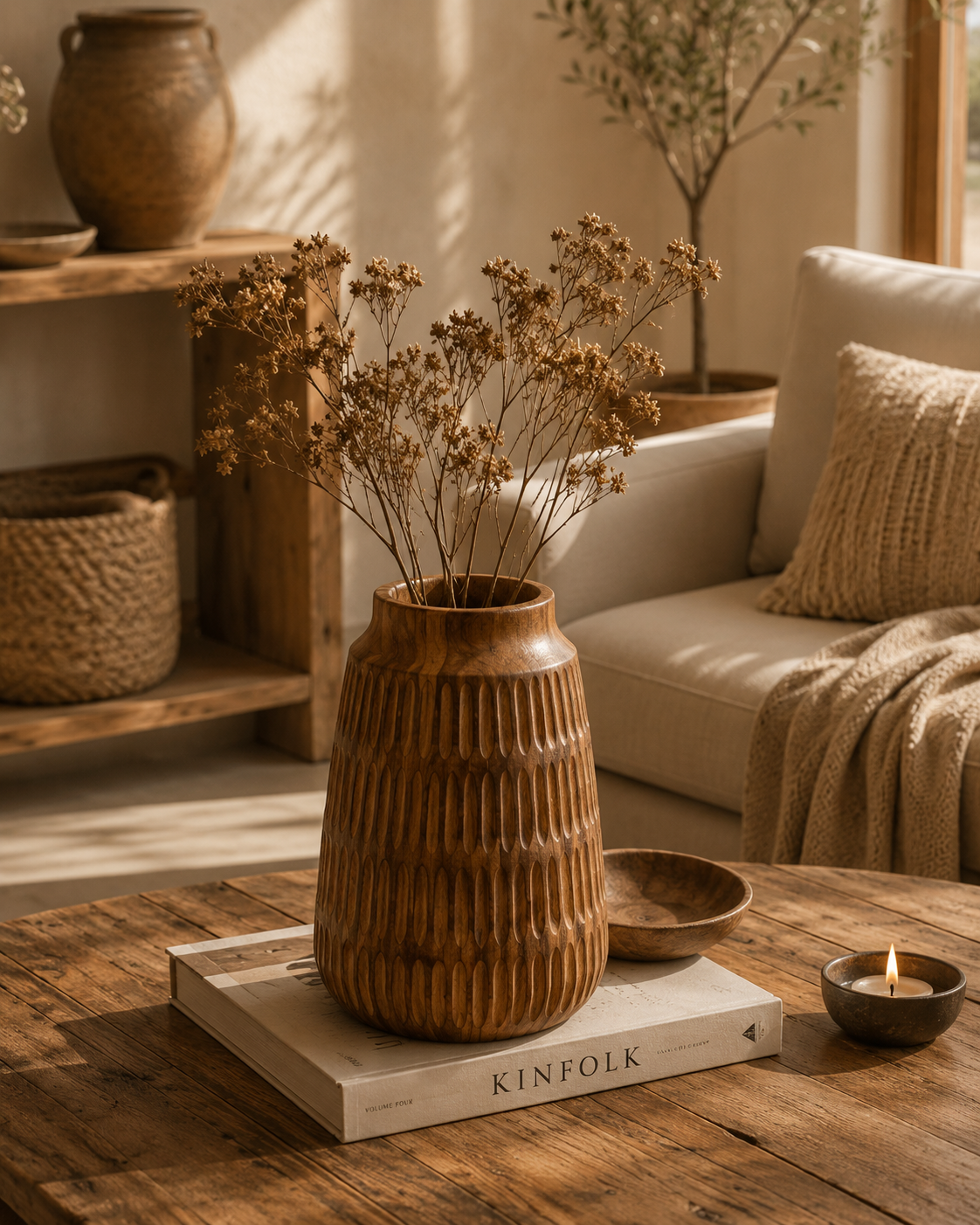 Vase décoratif en bois sculpté – Esprit bohème naturel