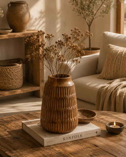 Vase décoratif en bois sculpté – Esprit bohème naturel