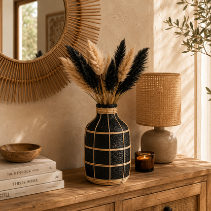 Vase décoratif en terre cuite et rotin tressé – Style bohème naturel