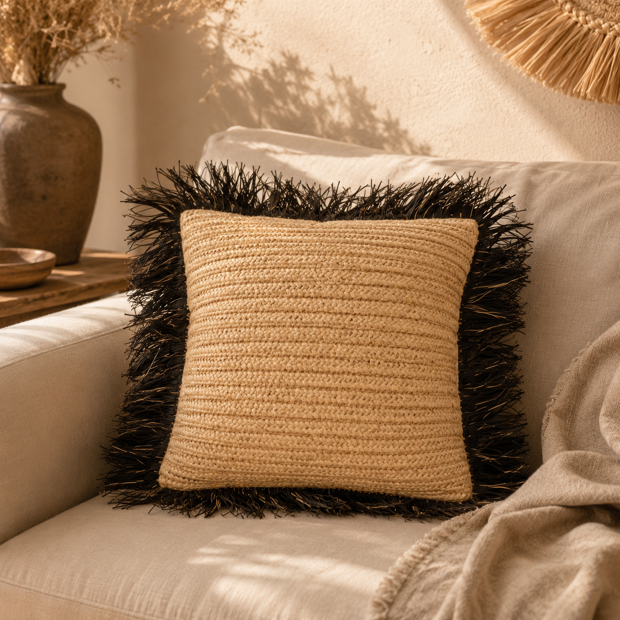 Coussin raphia tissé main housse décorative bohème 40x40