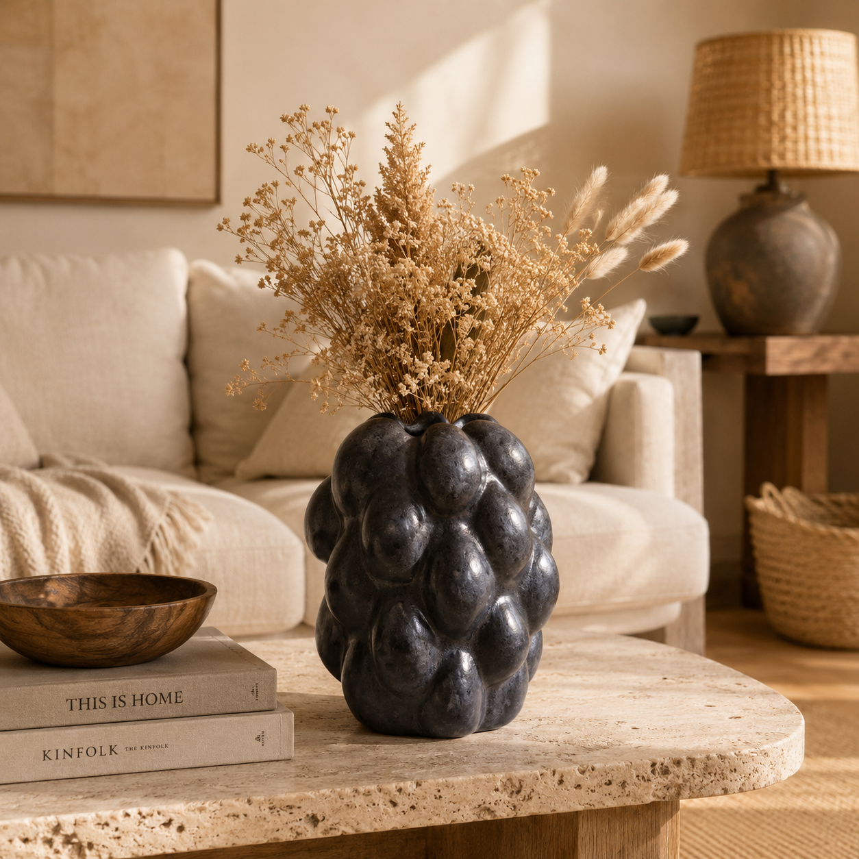 Vase décoratif en céramique texturée – Noir mat | Style bohème chic