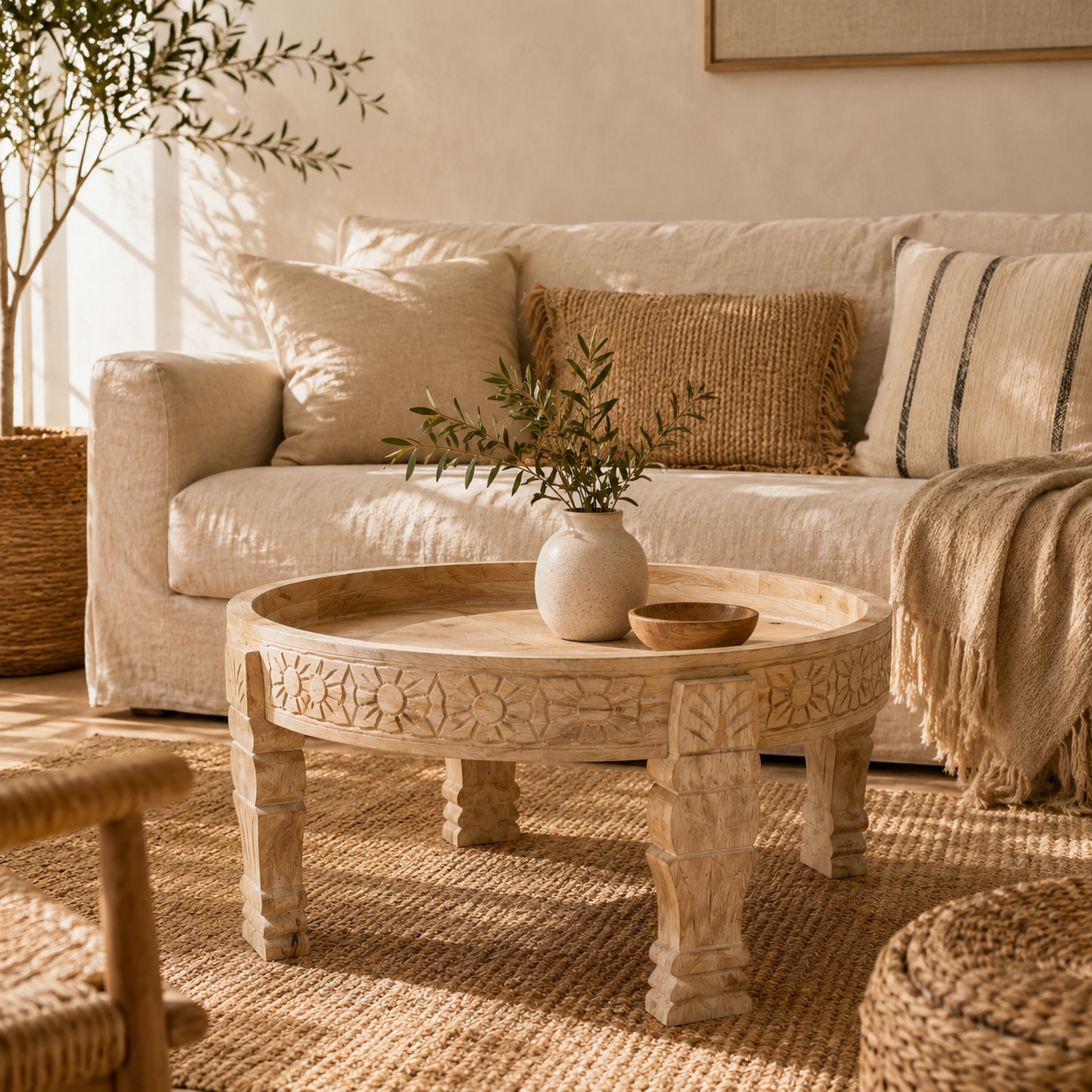 Table basse bois de manguier massif bohème artisanale naturelle Ø51 cm