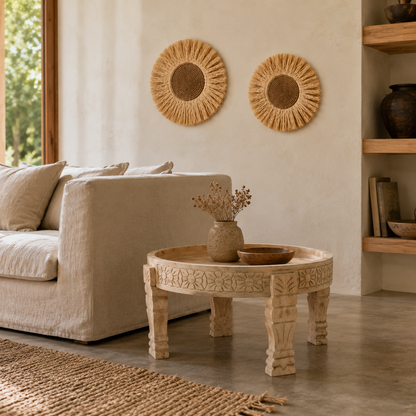 Table basse bois de manguier massif bohème artisanale naturelle Ø51 cm