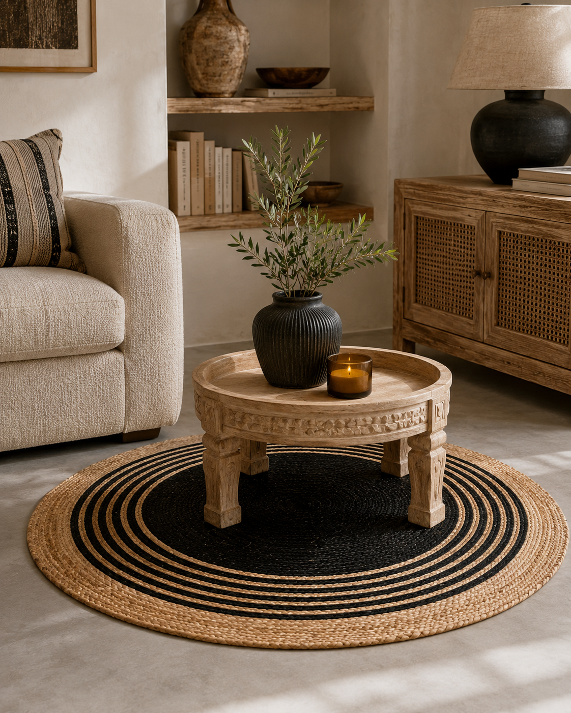 Tapis rond jute coton bohème décoration naturelle – Ø 90 cm