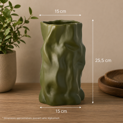 Vase décoratif en céramique texturée – Vert olive | Style bohème naturel