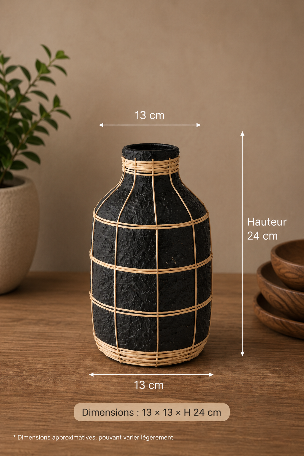 Vase décoratif en terre cuite et rotin tressé – Style bohème naturel