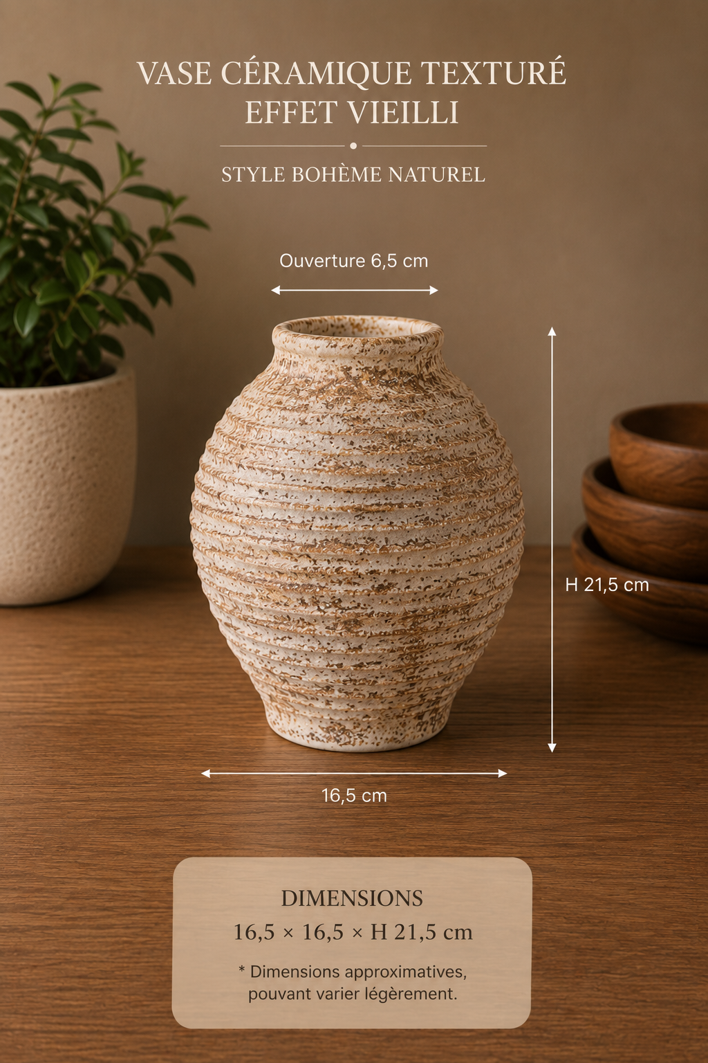 Vase décoratif en céramique texturée effet vieilli – Style bohème wabi-sabi