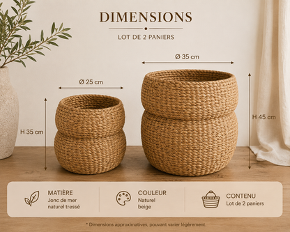 Set de 2 paniers en jonc de mer rond naturel – Esprit bohème