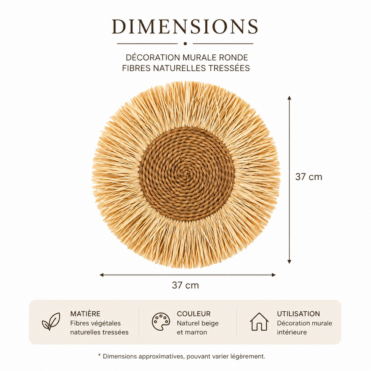 Décoration murale ronde en fibres naturelles tressées – Esprit bohème Ø 37 cm