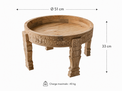 Table basse bois de manguier massif bohème artisanale naturelle Ø51 cm