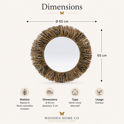 Miroir soleil fibres naturelles décoration murale bohème 65 cm