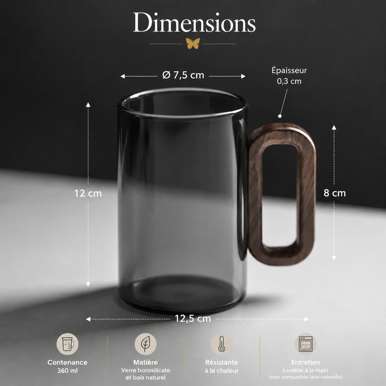 Tasse café verre borosilicate anse bois 360ml naturel