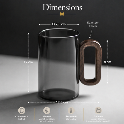 Tasse café verre borosilicate anse bois 360ml naturel