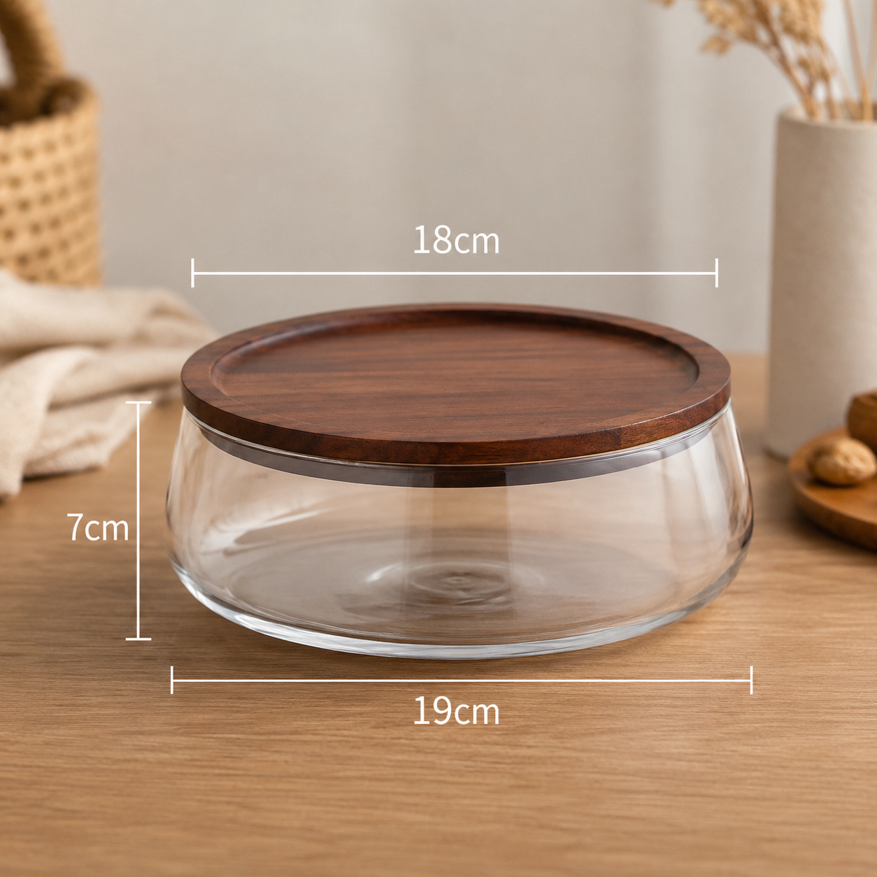 Boîte rangement verre transparent couvercle bois cuisine