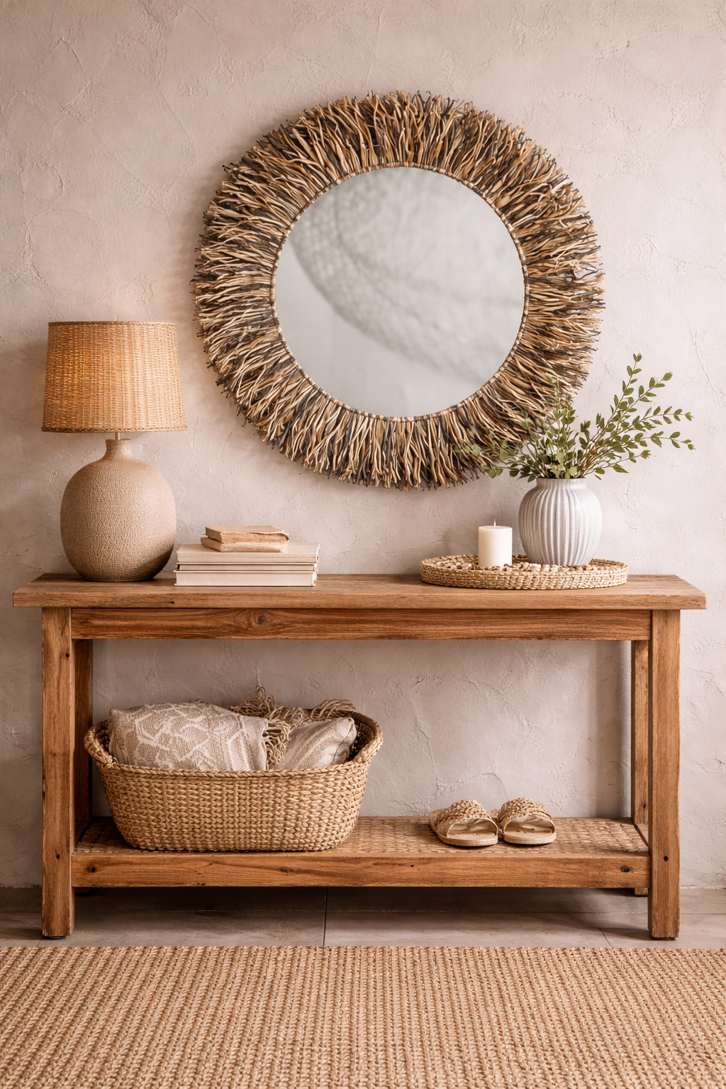 Miroir Soleil en Fibres Naturelles – Décoration Murale Bohème 65 cm